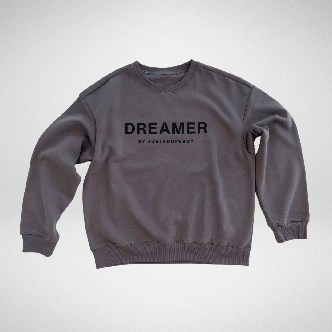 Charcoal 2D Dreamer Sweatshirt with matte black PU logo, relaxed fit, cotton blend.